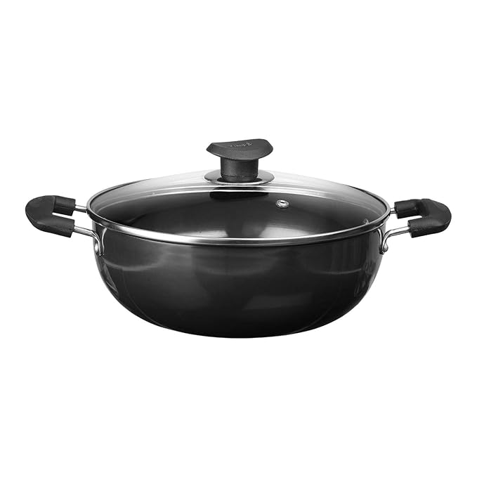 Vinod Black Pearl Hard Anodised Non Stick Deep Kadhai with Glass Lid - 2.6 LTR, 22 cm | 3.25mm Thickness | kadai for Cooking