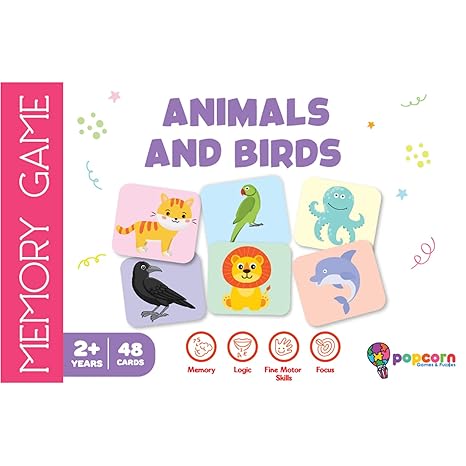 Popcorn Games Memory Game Animal and Birds Early Learner Matching Picture Card Game with Animal and Birds