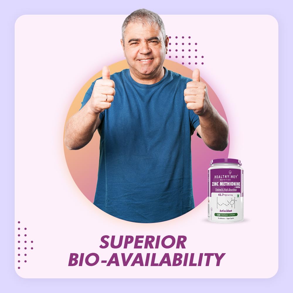 Healthyhey Nutrition Zinc Methionine Plus Copper, Supports Immune and Antioxidant Protection - 120 Veg Capsules