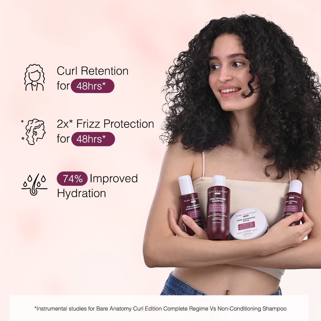 Bare Anatomy Curl Defining Gel | For Well Defined Shiny Curls | Curl Retention & 2X Frizz Protection For 48 Hours | Coconut Oil, Hyaluronic Acid & Castor Oil | Sulphate & Paraben Free | 140 ml