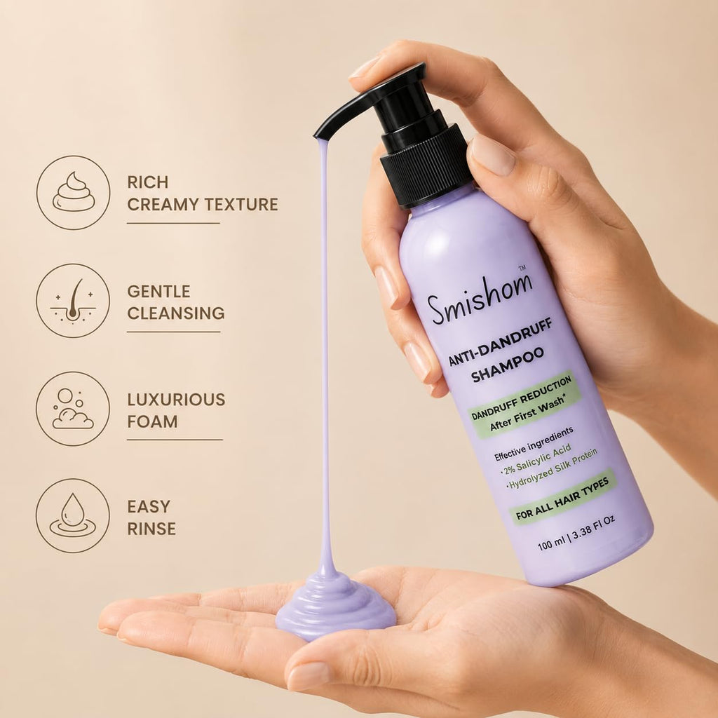 Smishom Anti-Dandruff Shampoo | Dandruff Reduction After First Wash | ZPTO-Free | pH balance | 2% Salicylic Acid & Hydrolyzed Silk Protein | Reduces Dandruff, Itchy Scalp | For All Hair Types | Light Lavender -100 ml