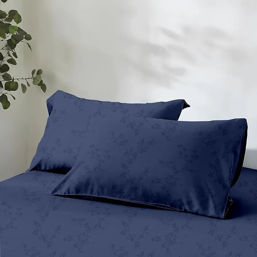 Trance Home Linen 100% Egyptian Cotton300TC Long Staple Jacquard Weave Bed Sheets Elastic Fitted Bedsheet Super Queen Bed Size with 2 Pillow Colour Blue