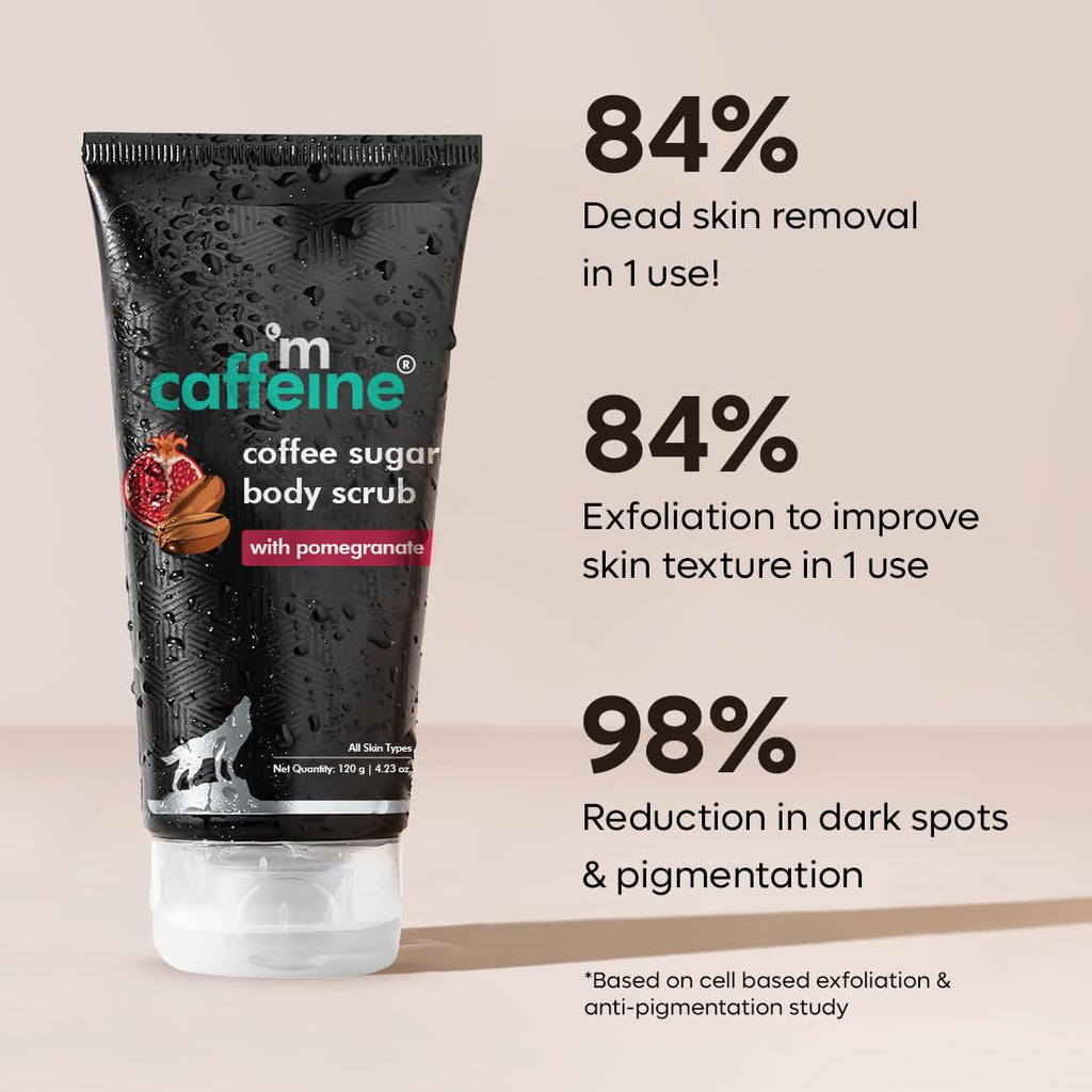 mCaffeine Sugar Body Scrub with Coffee & Pomegranate for Exfoliation & Tan Removal | 84% Removal of Dead Skin | Travel Friendly Product for All Skin Types & Gender | 120ml