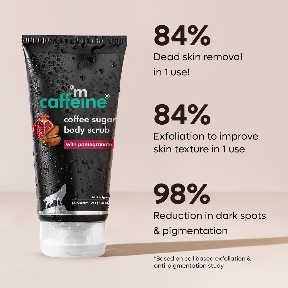 mCaffeine Sugar Body Scrub with Coffee & Pomegranate for Exfoliation & Tan Removal | 84% Removal of Dead Skin | Travel Friendly Product for All Skin Types & Gender | 120ml