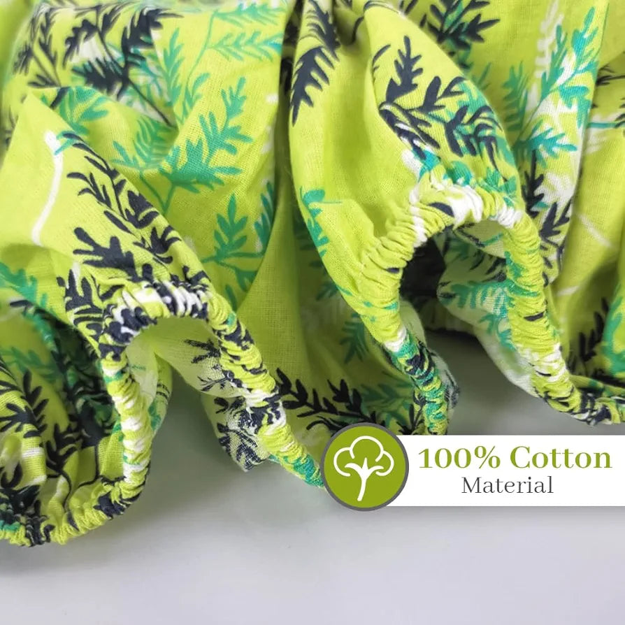 Divine Casa 144 TC 100% Cotton Floral Green Cotton Lightweight Elastic Fitted Double Bedsheets Colour Lime Punch