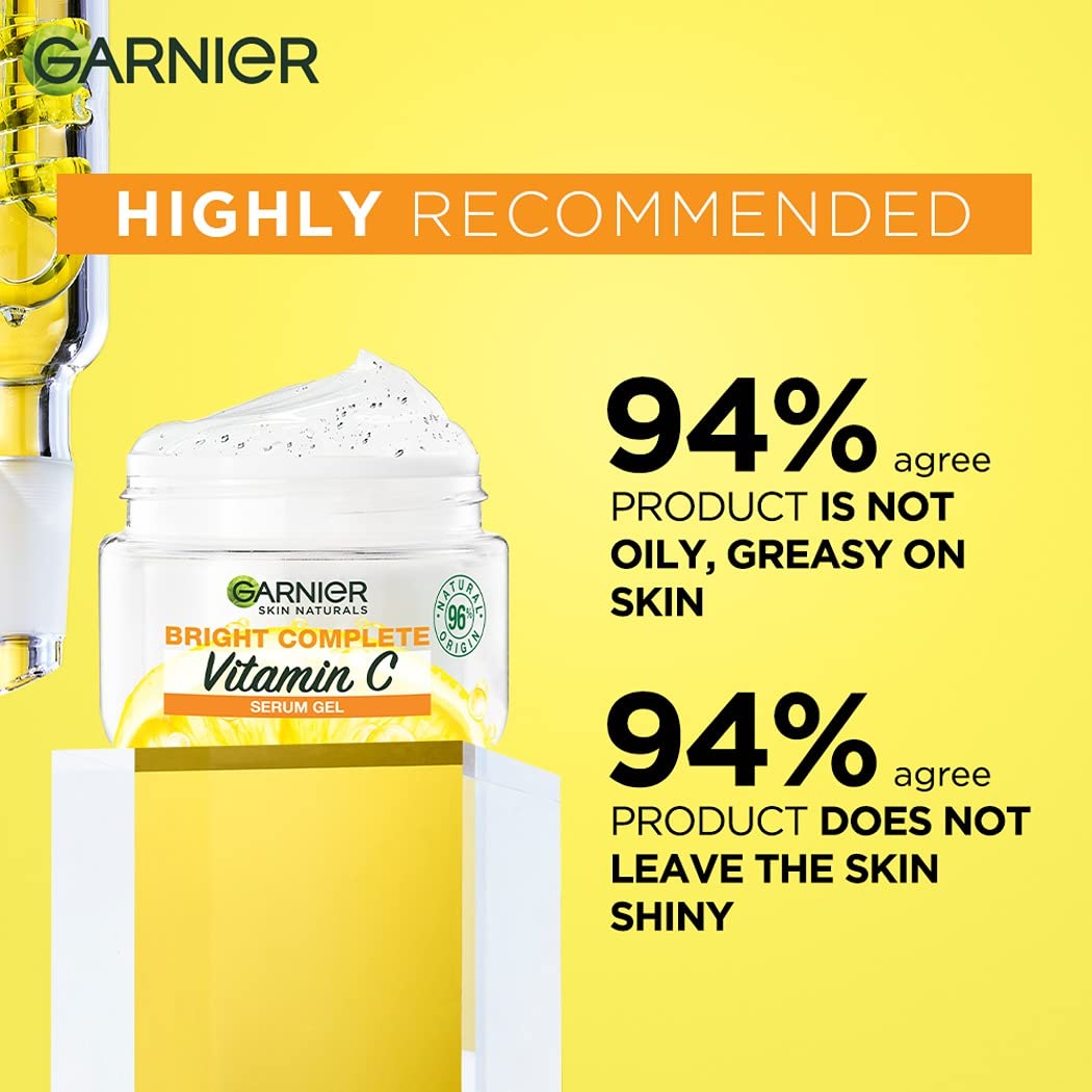 Garnier Brightening Moisturiser, Serum Gel, Infused with Vitamin C and Lemon, For Radiant skin, Oil Free Skin for upto 12 hours, Bright Complete Vitamin C, for all Skin Types, For Men and Women, 45g