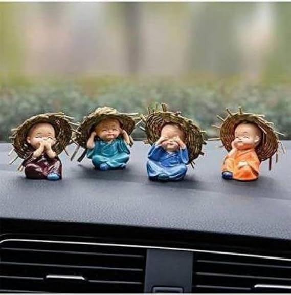 Ecraftindia Think No Evil, Speak No Evil, Hear No Evil, See No Evil Set of 4 Baby Monk Buddha Statue With Hat Decorative Showpiece