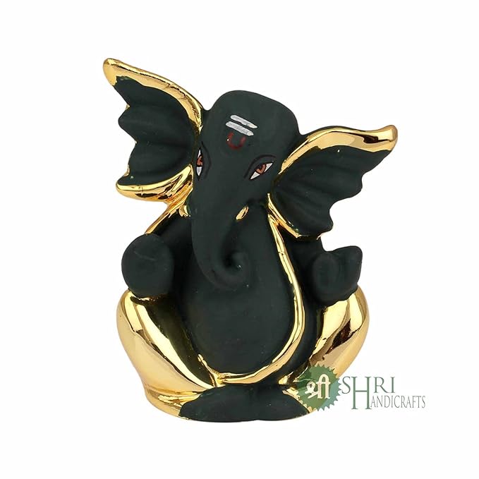 Indicast God Ganpati Gold Plated Ganesha Idol Murti for Car Dashoboard & Home Office Decor