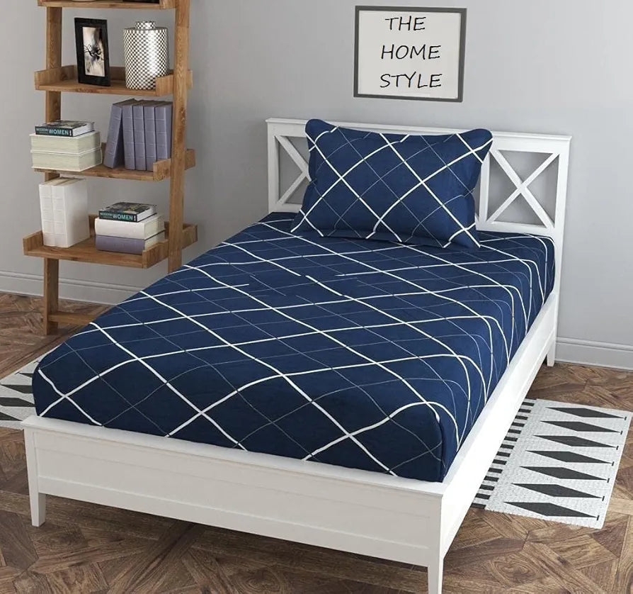 The Home Style Cotton Feel Glace Cotton Elastic Single Bed Bedsheet With 1 Pillow Cover,300 TC Navy Blue