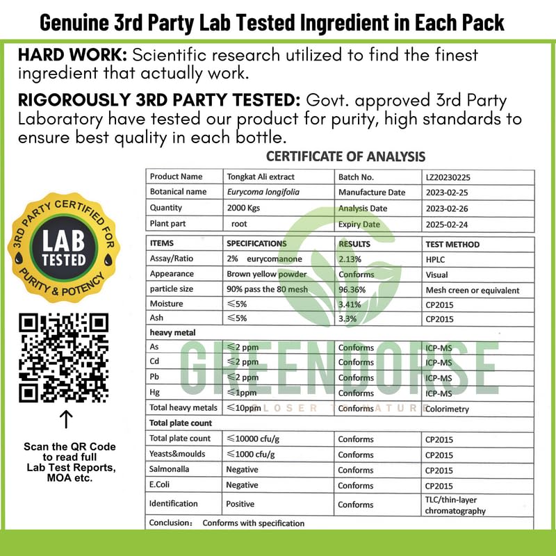 GREENDORSE Organic Tongkat Ali Extract Capsules | 2% Eurycomanone by HPTLC | Enhanced T level, Stamina and Stress tolerance, Veg Capsules-60