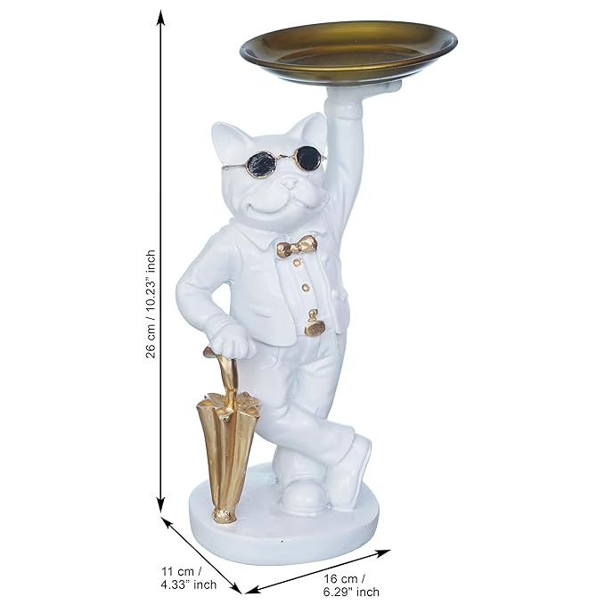 Ecraftindia White Bulldog Statue in Glasses Holding Golden Umbrella and Tray in Hands Table Top Decorative Showpiece