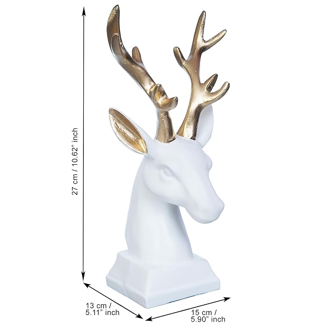 Ecraftindia White Polyresin Reindeer Head Statue With Golden Antlers Animal Showpiece