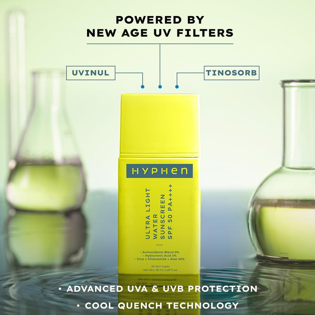 Hyphen 1% Hyaluronic Ultra Light Water Sunscreen SPF 50 PA ++++ | In-Vivo certified | Broad Spectrum & Blue Light Protection | No White Cast | Contains 5% Antioxidants Niacinamide Vitamin E| Korean Sunscreen for Men & Women | 50ml