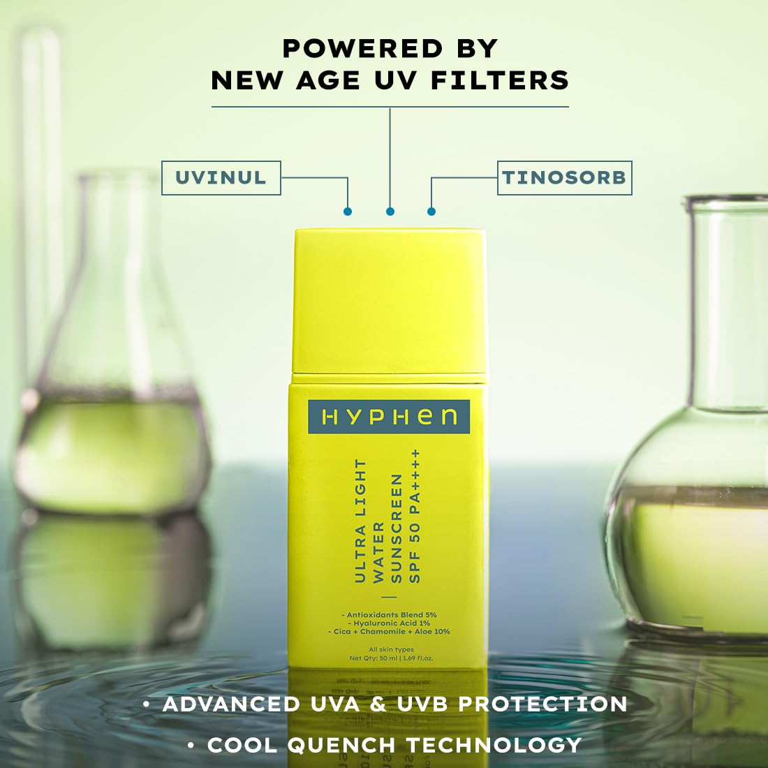Hyphen 1% Hyaluronic Ultra Light Water Sunscreen SPF 50 PA ++++ | In-Vivo certified | Broad Spectrum & Blue Light Protection | No White Cast | Contains 5% Antioxidants Niacinamide Vitamin E| Korean Sunscreen for Men & Women | 50ml
