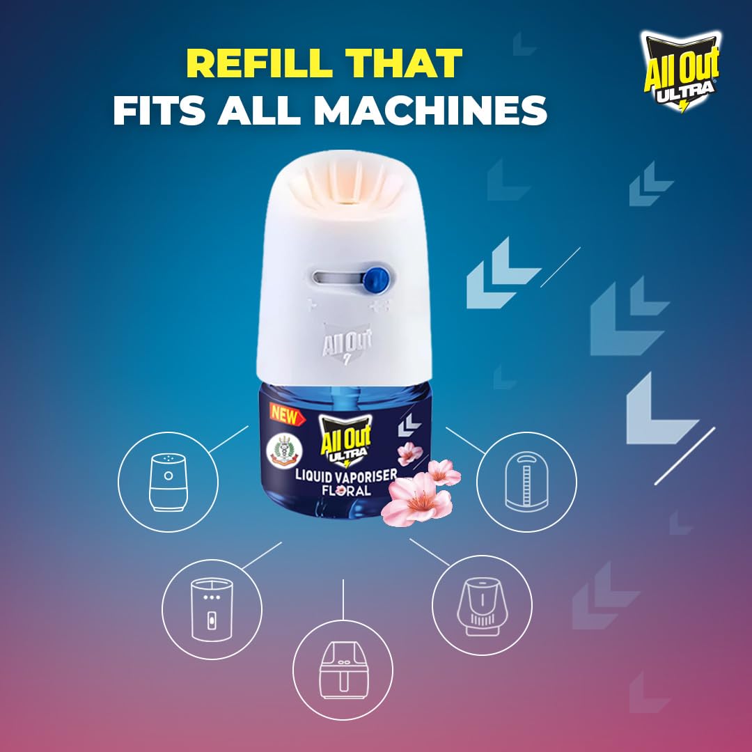All Out Ultra Floral Liquid Vaporizer, Machine + 2 Refills (45ml each) | Kills Dengue, Malaria & Chikungunya Mosquitoes | India's Only Mosquito Killer Brand Recommended by Indian Medical Association
