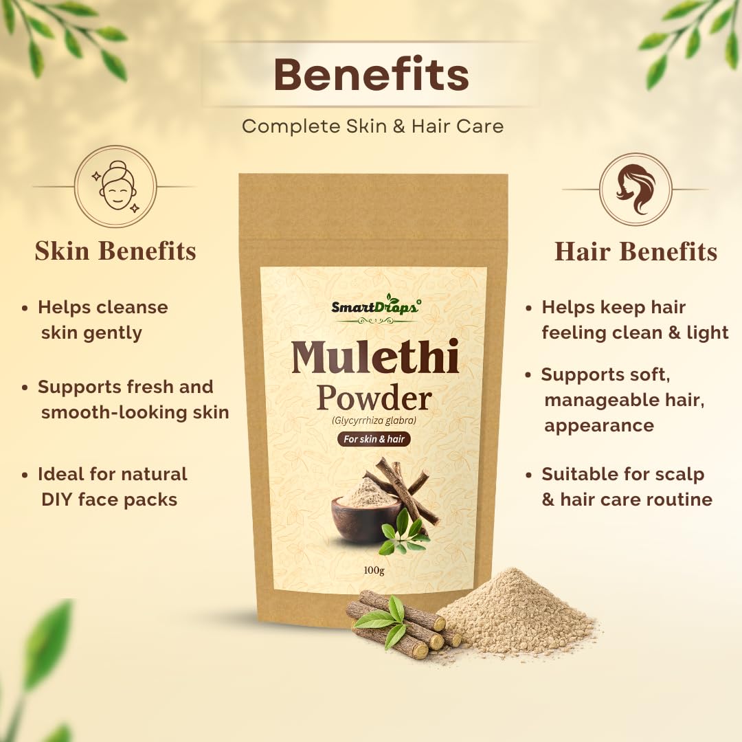 Smartdrops Mulethi Root Powder for Hair and Skin DIY Face Pack Hair Pack Mixing Ingredient for Scalp and Skincare Routine | 100g (Pack-1)