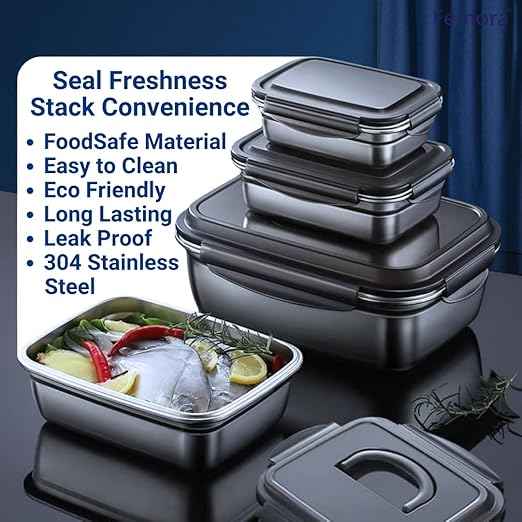 Femora Lunch Box High Steel Rectangle Heavy Duty Airtight Leakproof Unbreakable Storage Container With Lock Lid | 550 Ml | Set of 2