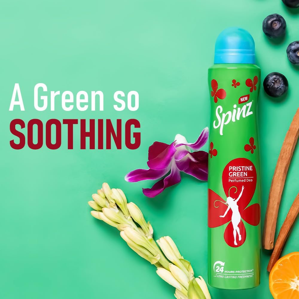 SpinZ Pristine Green Perfumed Aerosol Deo For Women, With International Fragrances For Long Lasting Freshness And 24 Hours Protection From Odour Causing Bacteria, 200Ml