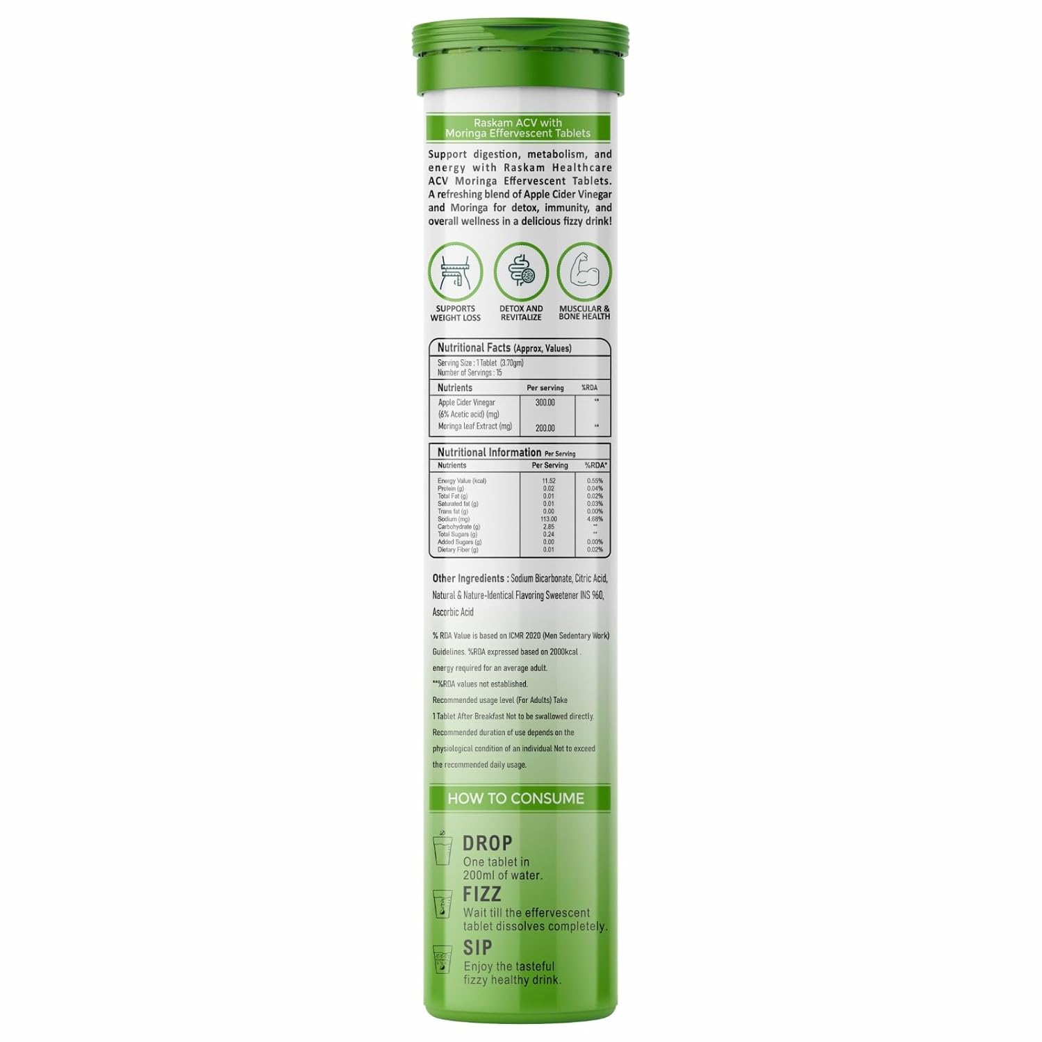 ACV Moringa 15 Effervescent Tablets 500mg Apple Cider Vinegar With No Added Sugar For Gut Health | Immunity Booster | Weight Loss | (Pack of 1, Refreshing Watermelon Flavour)