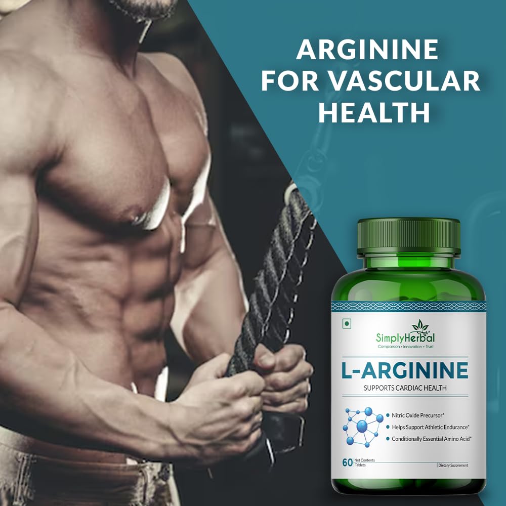 Simply Herbal L-Arginine Supplement 500 mg Pre- Post Workout For Men Women, Support Bone Muscle Building Amino Acid, Strength, Performance & Energy, Recovery, Immune System- 60 tablet