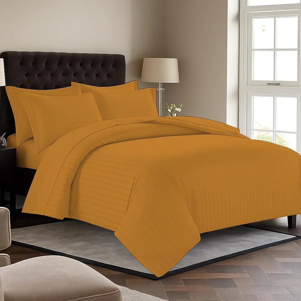 Trance Home Linen Zippered 100% Cotton 200 TC Satin Stripe Queen Duvet Cover Quilt Cover with 2 Pillow Covers Colour Orange