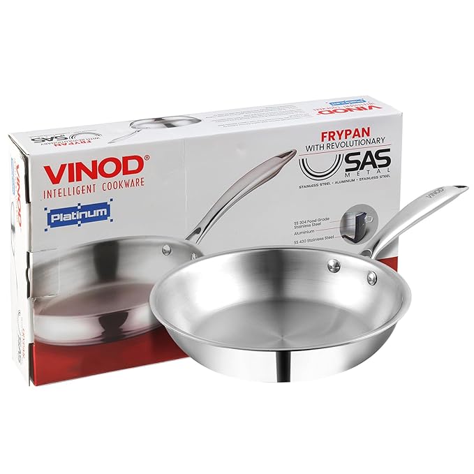 Vinod Platinum Triply Stainless Steel Frypan 24 Cm | 2.5 mm Thick | Steel Pan | Scratch Resistant | Non Toxic