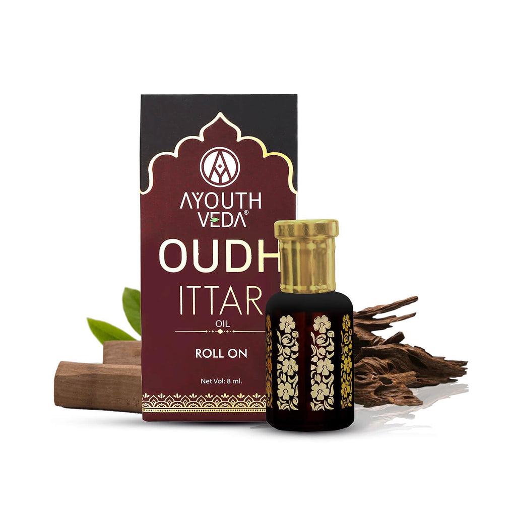 Ayouthveda Oudh Natural Ittar | contains Sandalwood Oil & Agarwood Oil | Long Lasting Woody Fragrance | Eliminate Body Odour & Smell Blissfull | Non-Alcoholic Roll On | for Men & Women (8ml)
