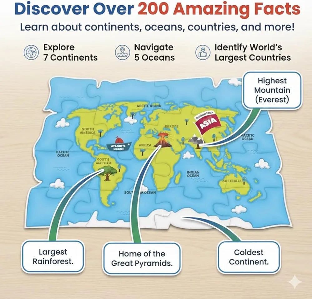 PW World Map Puzzle for Kids, 200+ Facts on Continents & Oceans, Learning Aid & STEM Toy Jigsaw Puzzle