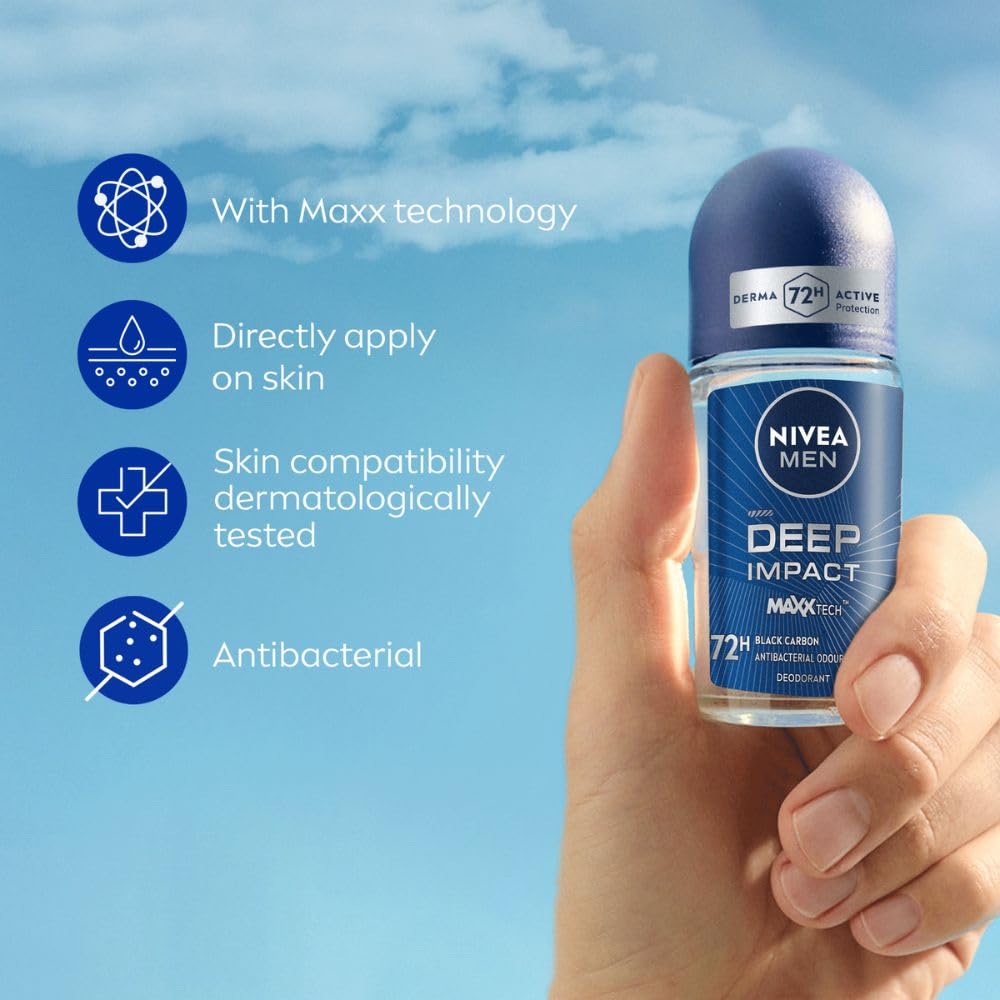 NIVEA MEN Deep Impact Freshness Deodorant Underarm Roll-on | 72 H Long Lasting Freshness | Infused with Black Carbon to fight bacteria and body odour | Woody masculine fragrance | 0% Alcohol | Dermatologically Approved & Paraben Free Formula | 50ml