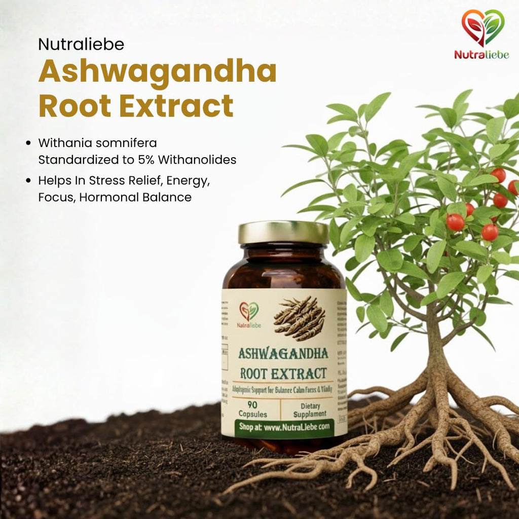 Nutraliebe Ashwagandha Root Extract 600 mg – Withania somnifera Standardized to 5% Withanolides | Stress Relief, Energy, Focus & Hormonal Balance | Adaptogenic Ayurvedic Herb | 90 Vegetarian Capsules | Non-GMO, Gluten-Free