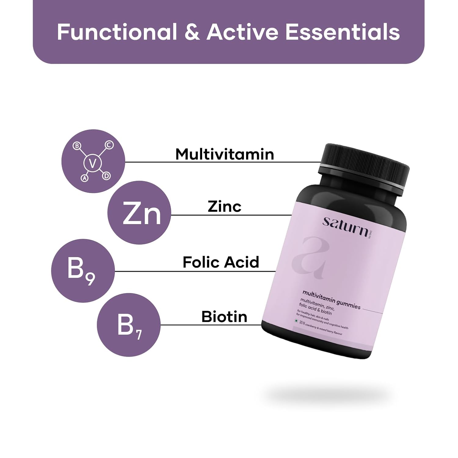 Saturn by GHC Multivitamin - 100% Vegan, 30 Gummies | Promotes Thick Hair & Restores Skin Glow Powered With Multivitamin, Biotin, Zinc & Folic Acid | Paraben, SLS-Free, Sulphate-Free