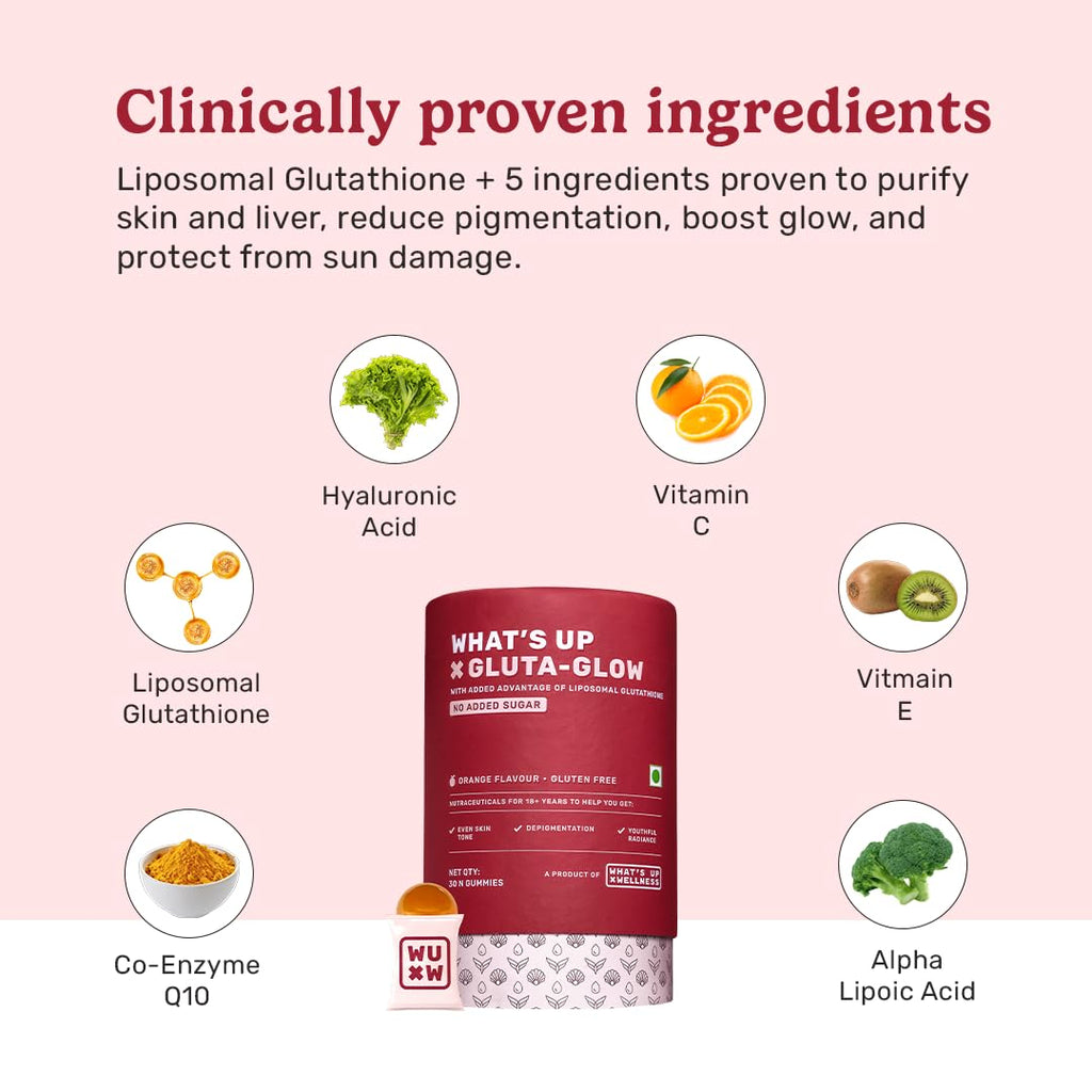 What's Up Wellness Gluta-Glow Gummies | Liposomal Glutathione Supplement with Vitamin C for Radiant Skin Tone | Depigmentation | Detoxification | 30 Days | Men & Women | No Added Sugar