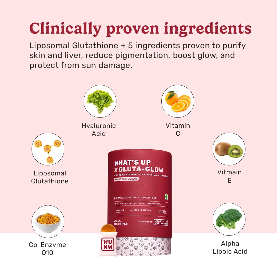 What's Up Wellness Gluta-Glow Gummies | Liposomal Glutathione Supplement with Vitamin C for Radiant Skin Tone | Depigmentation | Detoxification | 30 Days | Men & Women | No Added Sugar