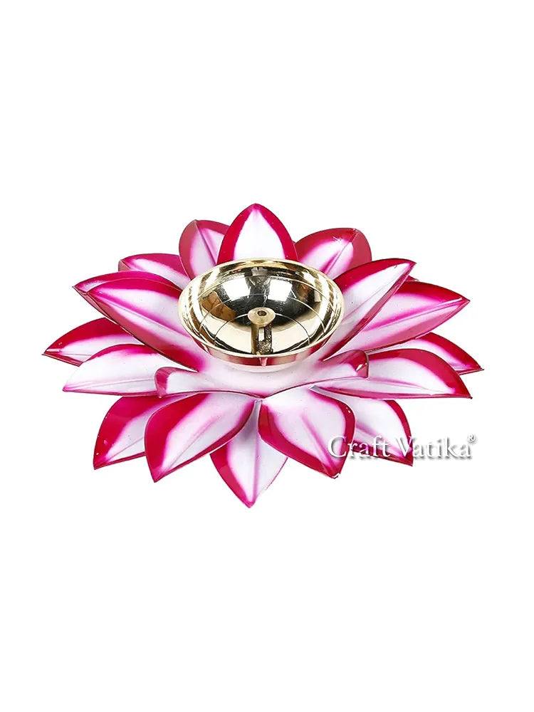 Diya Brass Lotus Kamal Diyas Oil Lamp Stand White Pink