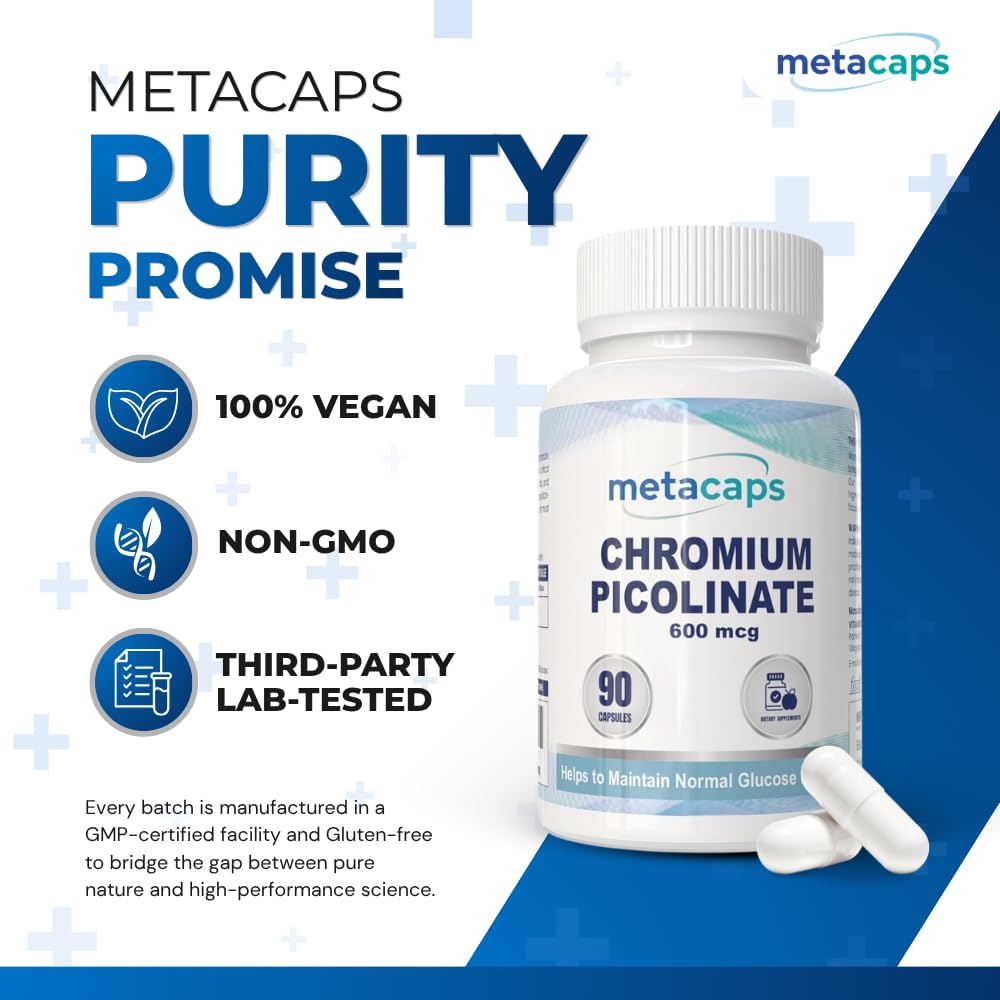 MetaCaps Chromium Picolinate 600mcg – 90 Veg Capsules | Extra Strength Metabolic Support & Glucose Balance | High-Absorption Trace Mineral for Weight Management & Cravings