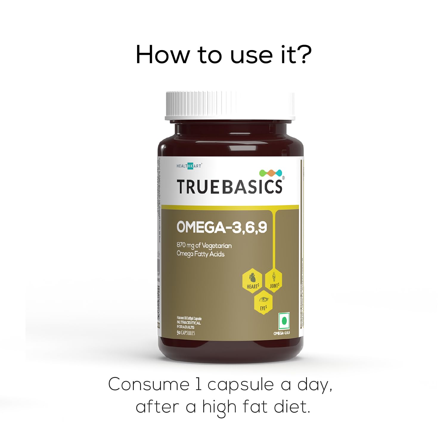 TrueBasics Omega-3,6,9 (90 Capsules) | 870mg of Vegetarian Omega Fatty Acids | With Clinically Researched Ingredient | For Healthy Heart, Hair, Skin, Joints, Brain, & Eyes, 190 grams
