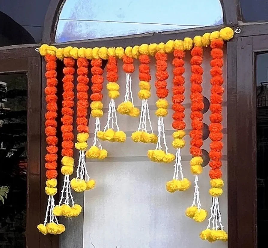 Artificial Marigold Bandanwar 40 Inch Yellow Orange Fluffy Toran Marigold Tuberose Strings Bandanwar