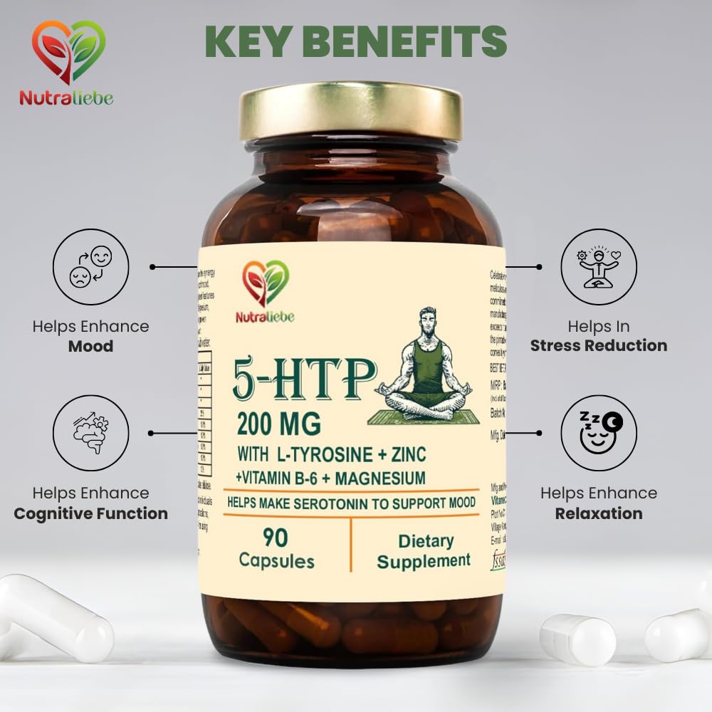 Nutraliebe 5-HTP 200mg with L-Tyrosine, Zinc, Vitamins B6 & B9, Magnesium, Ashwagandha, Green Tea Extract - 90 Capsules for Mood, Relaxation, and Cognitive Support
