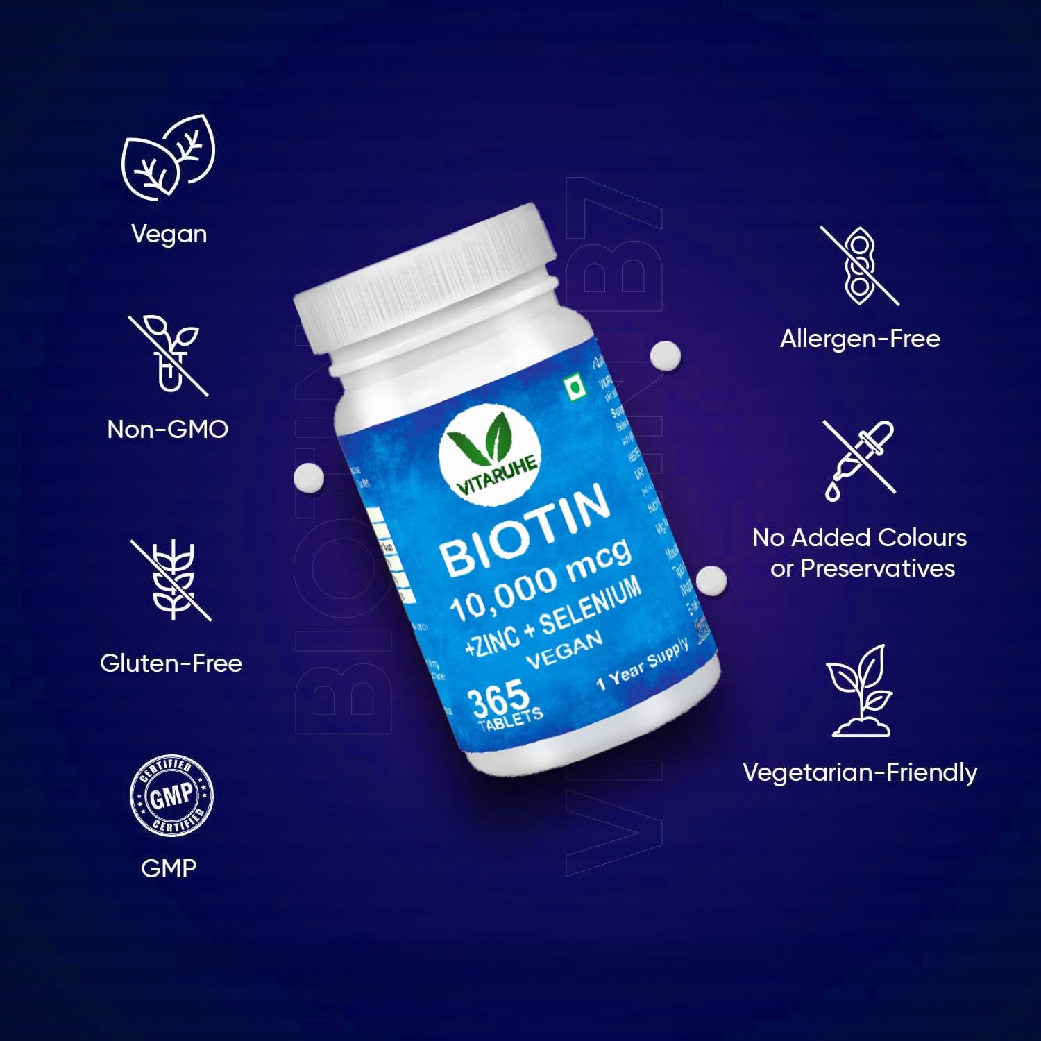 Vitaruhe Biotin High Dose Biotin + Zinc + Selenium Vegan Hair Growth Supplement for Healthy Skin, Hair and Nails, Full Year Supply, 365 Tablets