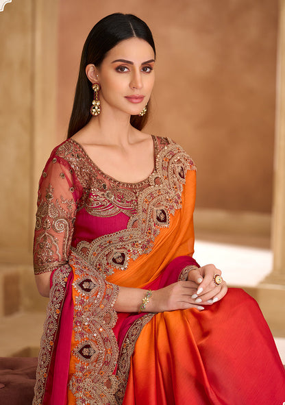 Monjolika Fashion Embroidered Faux Chiffon Satin Orange & Rani Pink Saree