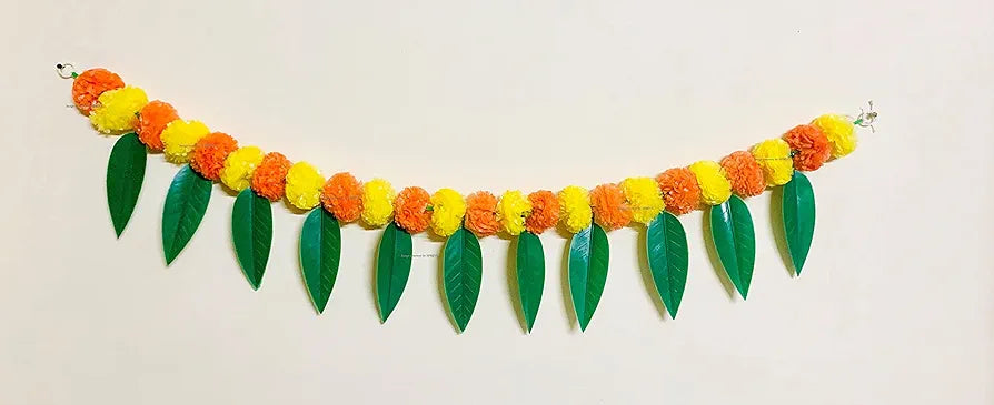 Artificial Marigold &Mango Leaves Simple Door-Window Toran Yellow and Dark Orange
