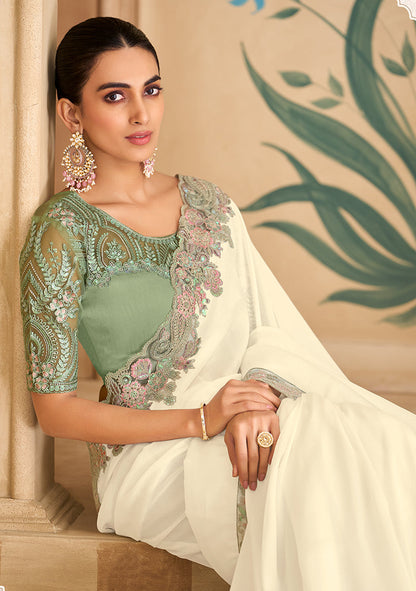 Monjolika Fashion Embroidered Faux Chiffon Satin Off White Saree