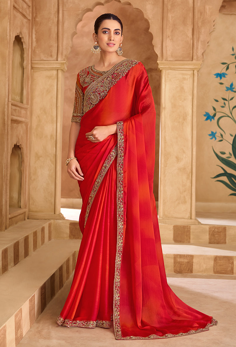 Monjolika Fashion Embroidered Faux Chiffon Shaded Red Saree