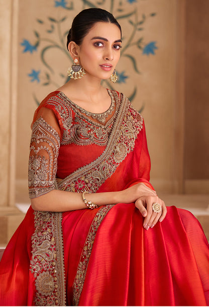 Monjolika Fashion Embroidered Faux Chiffon Shaded Red Saree
