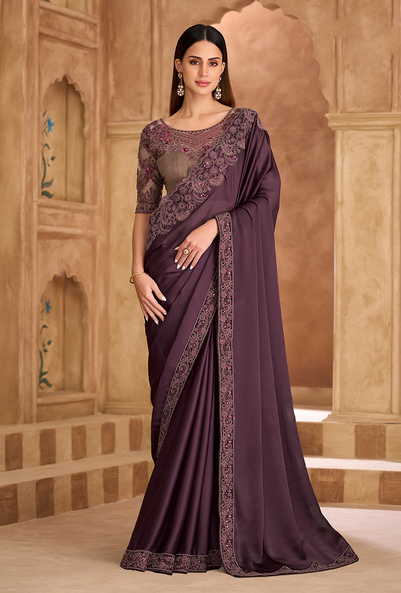 Monjolika Fashion Embroidered Faux Chiffon Satin Wine Saree
