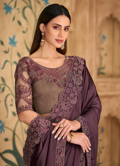 Monjolika Fashion Embroidered Faux Chiffon Satin Wine Saree