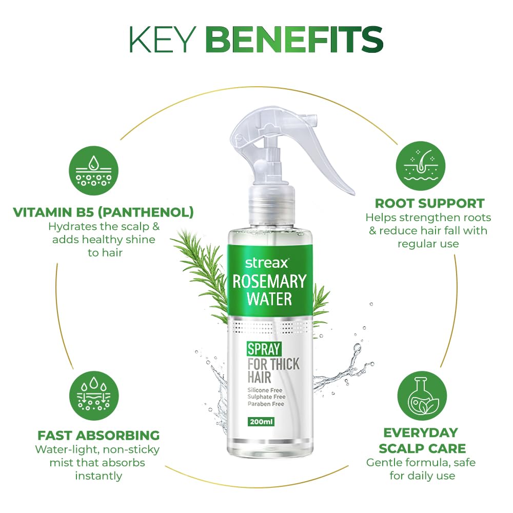 Streax Rosemary Hair Spray - 200ml , 100% Natural Extracts For Hair Growth , Stronger & Thicker Hair, Reduces Hair Fall , Nourishes Scalp & Stimulates Roots , Non-Sticky , Sulphate & Paraben-Free, Rosemary Water Spray for Hair Growth
