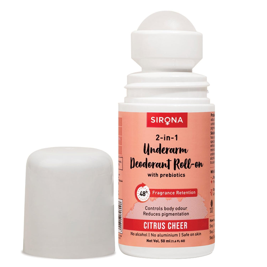 Sirona Underarm Roll On -50 ml (Pack of 1) | with 0.5% Prebiotic, 0.5% Niacinamide & 0.1% Hyaluronic Acid | Prevents Body Odour & Exfoliates Underarms | Lemon Fragrance | Alcohol & Aluminium Free