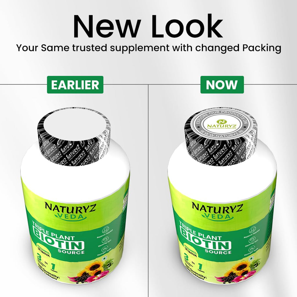 Naturyz Veda Triple Plant Biotin For Hair Growth | 100% Rda Biotin| Sesbania Agati | With 3 Vegan Sources | Stronger & Increased Hair Density | Shinier Nails | Glowing Skin - 60 Tablets