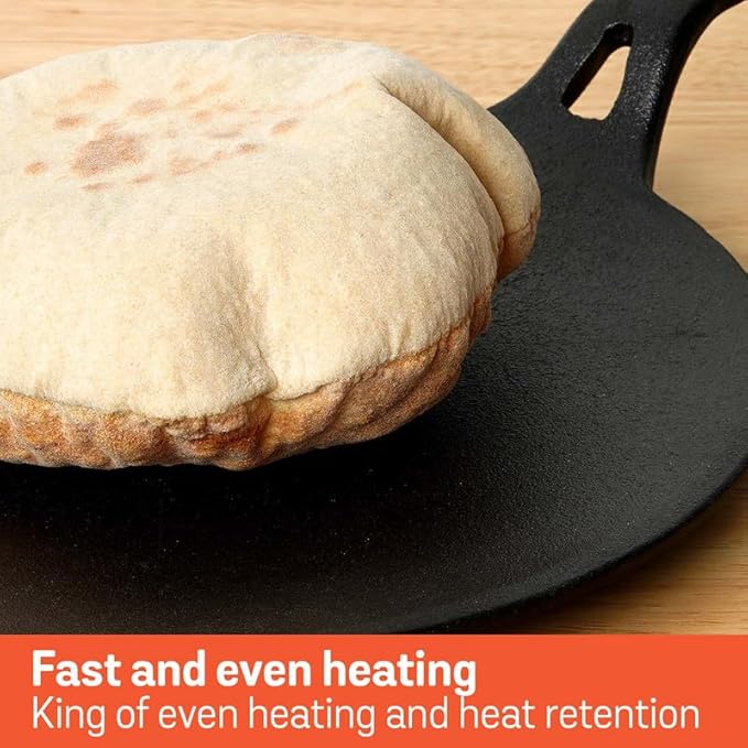 Meyer Pre-Seasoned Cast Iron Roti Tawa Pan with Stick Handle | 24cm Black